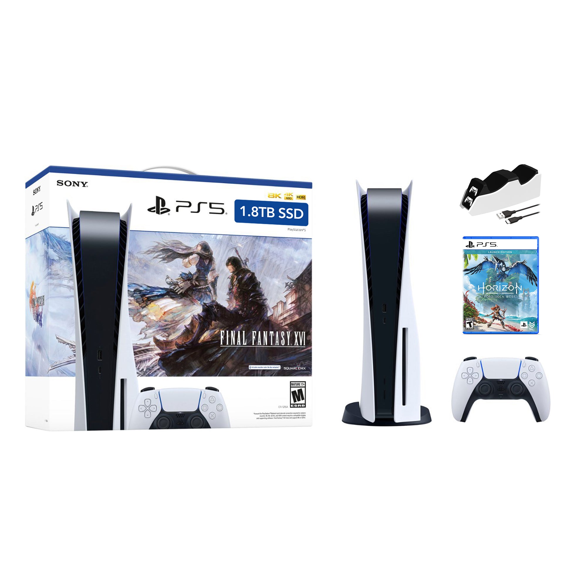PlayStation 5 Upgraded 1.8TB Disc Edition FINAL FANTASY XVI Bundle with Horizon Forbidden West and Mytrix Controller Charger - PS5, White PlayStation 5 Upgraded 1.8TB Disc Edition FINAL FANTASY XVI Bundle with Horizon Forbidden West and Mytrix Controller Charger - PS5, White